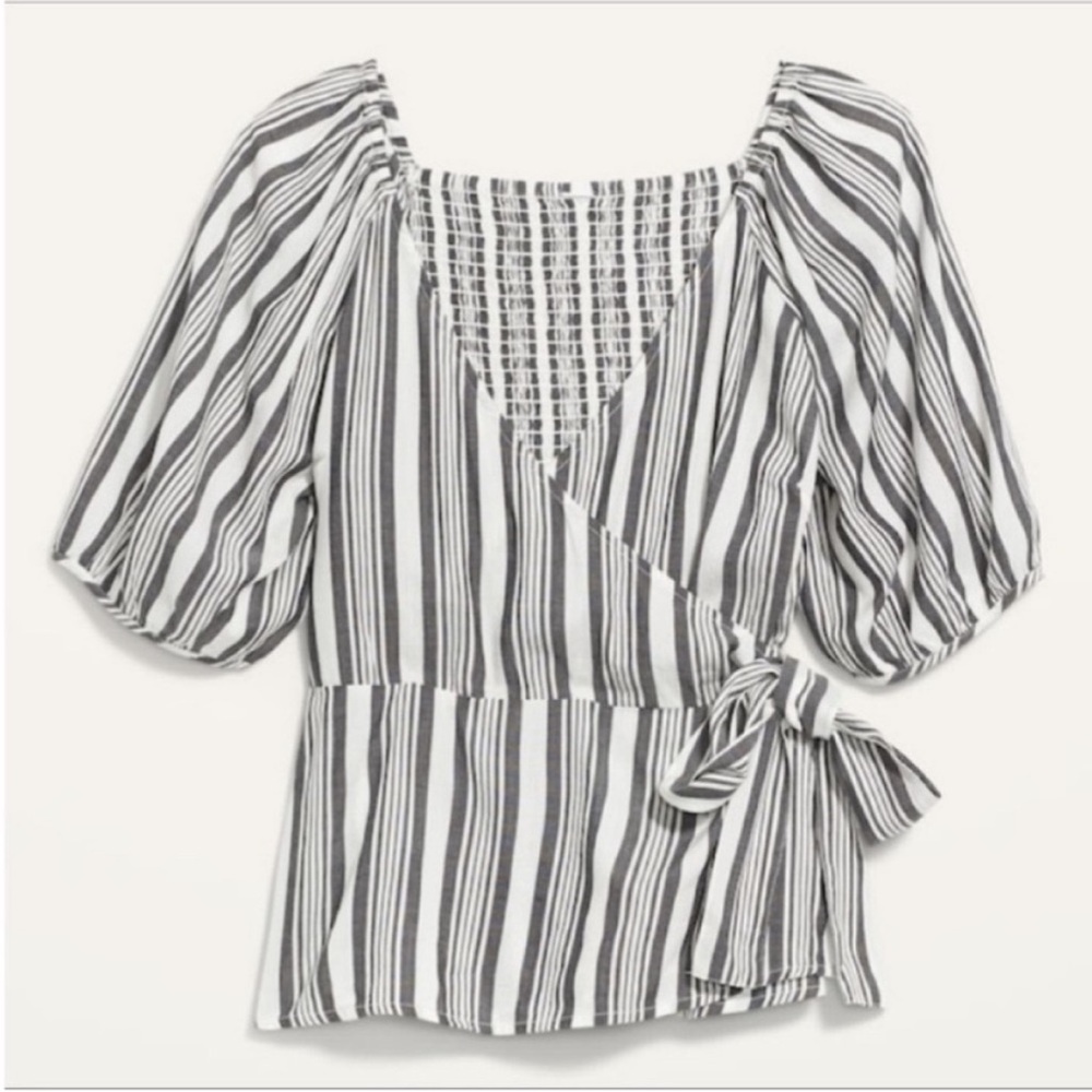 Old Navy Puff-Sleeve Smocked Black/White Striped Wrap Effect Blouse NWT.